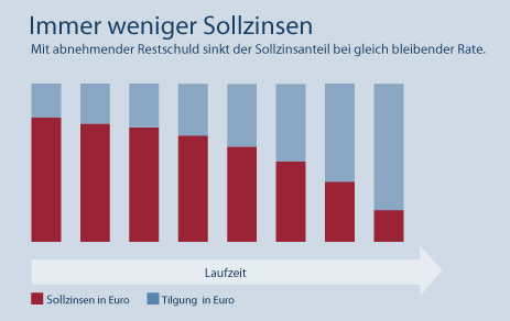 Während der Sollzinsanteil kontinuierlich sinkt, steigt der Tilgungsanteil.